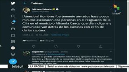 Senador colombiano denuncia asesinato de dos personas en Miranda Cauca