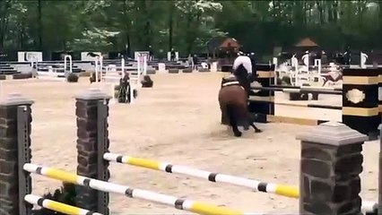 Une cavalière chute d'une façon particulière de son cheval