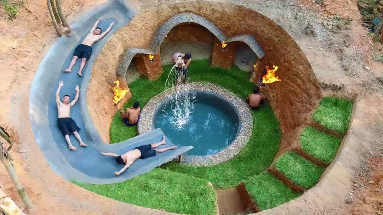 Building Water Slide Swimming Pool Around Secret Underground Village
