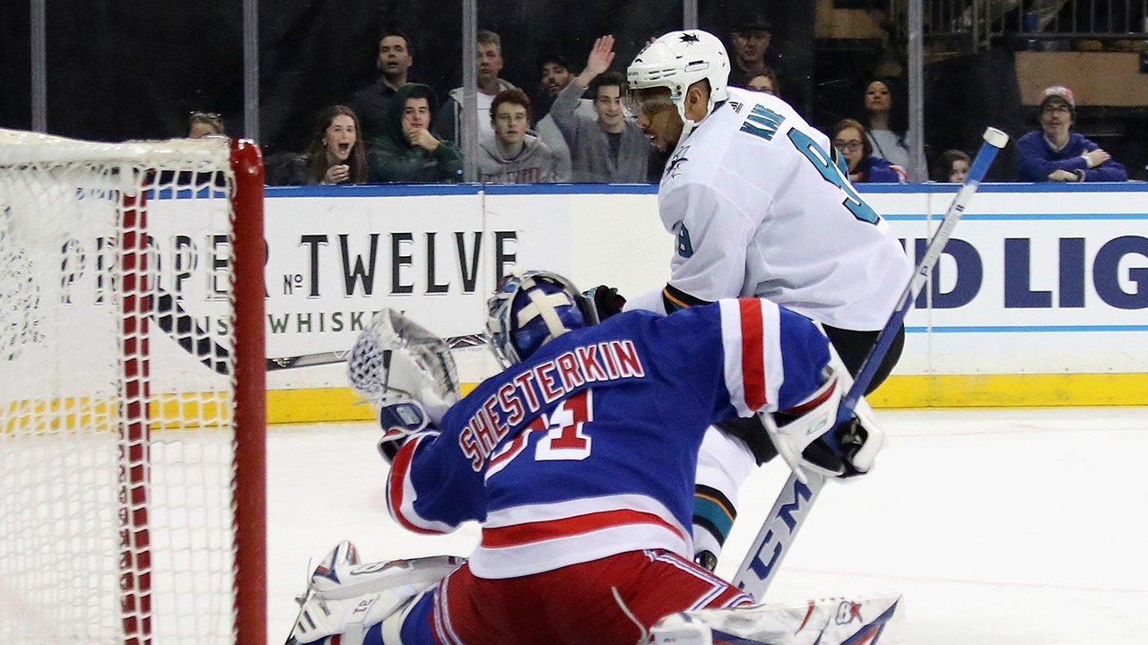Igor Shesterkin lays out to stuff Evander Kane on breakaway