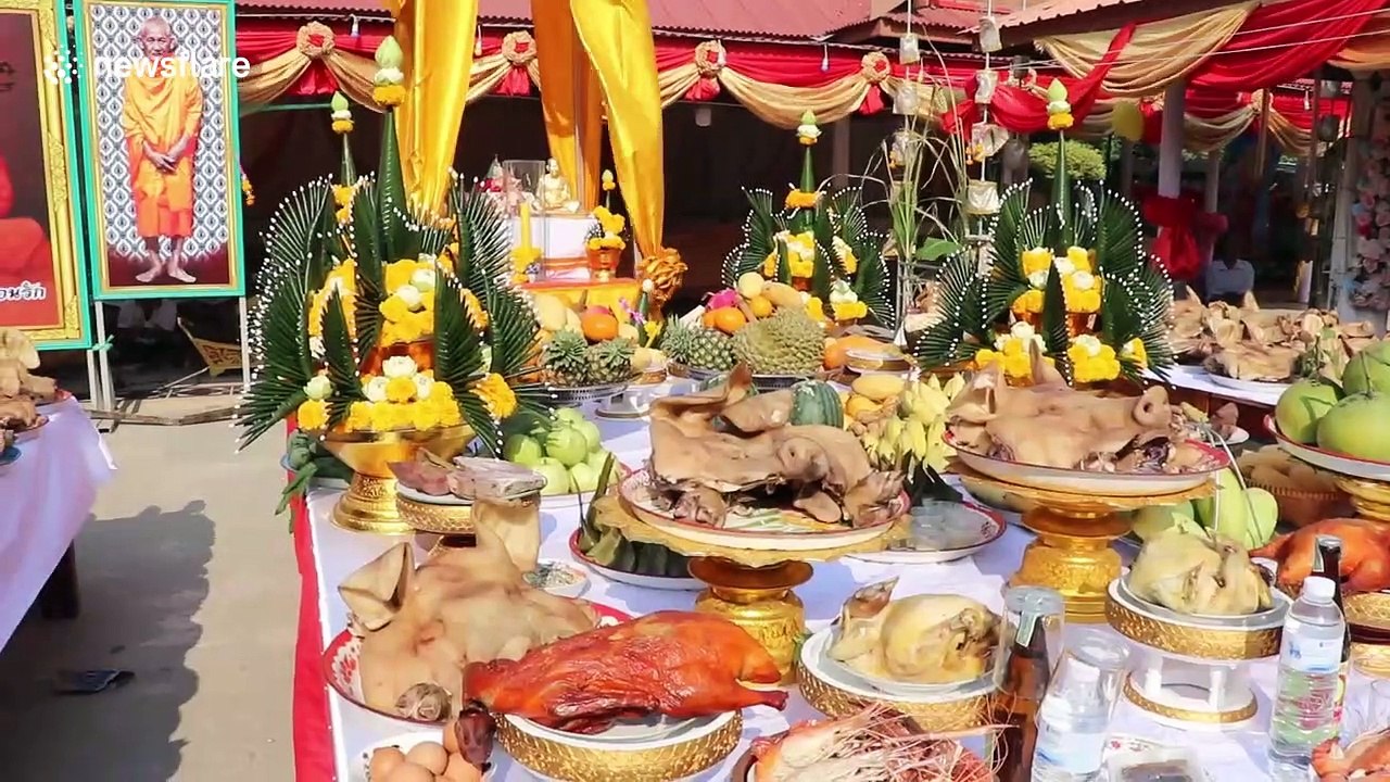 One-hundred pig heads donated to Thai Buddhist Holy Spirit for good luck