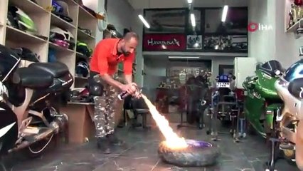 Nitrojen dolu motosiklet lastiğinin patlama anı kamerada