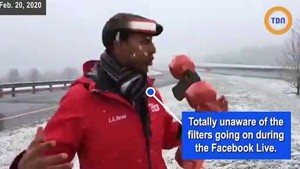 Un journaliste fait son intervention en direct avec des filtres actifs à l'écran