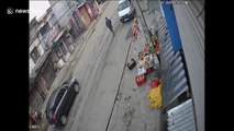 CCTV footage captures truck lose control and narrowly miss pedestrians in India