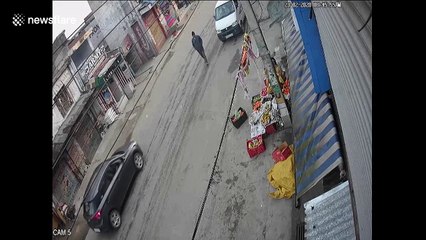 CCTV footage captures truck lose control and narrowly miss pedestrians in India