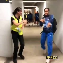 Jemimah Rodrigues busts moves with an security guard