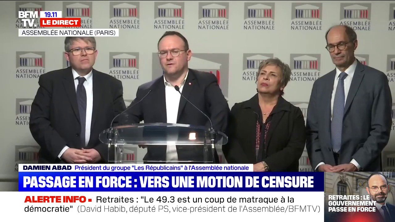"Nous avons refusé toute velléité de motion commune (...) avec des femmes et des hommes qui ne partagent pas les mêmes convictions", sur la réforme des retraites (Damien Abad, président du groupe Les Républicains à l'Assemblée Nationale)