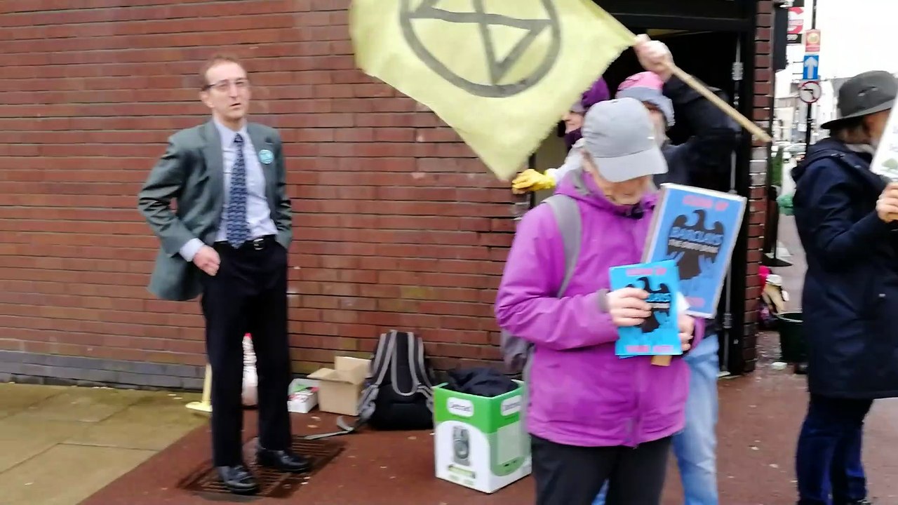 Extinction Rebellion stage protest at Barclays bank in Chorley