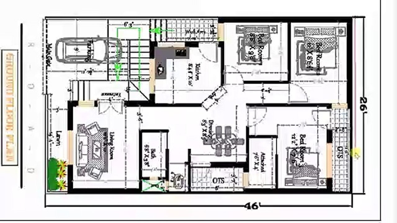 26x46 ft 3bhk house plan with car parking