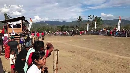 Men speed across dirt track in Indonesian cow cart racing