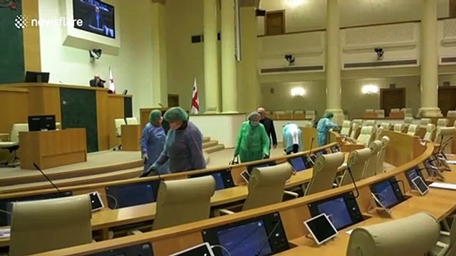 Disinfectant sprayed around Georgian parliament to prevent spread of coronavirus