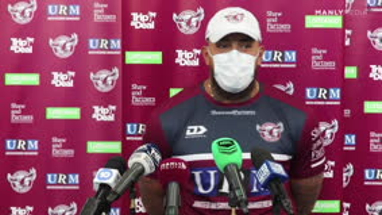 NRL player Fonua-Blake wears face mask during press conference