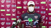 NRL player Fonua-Blake wears face mask during press conference