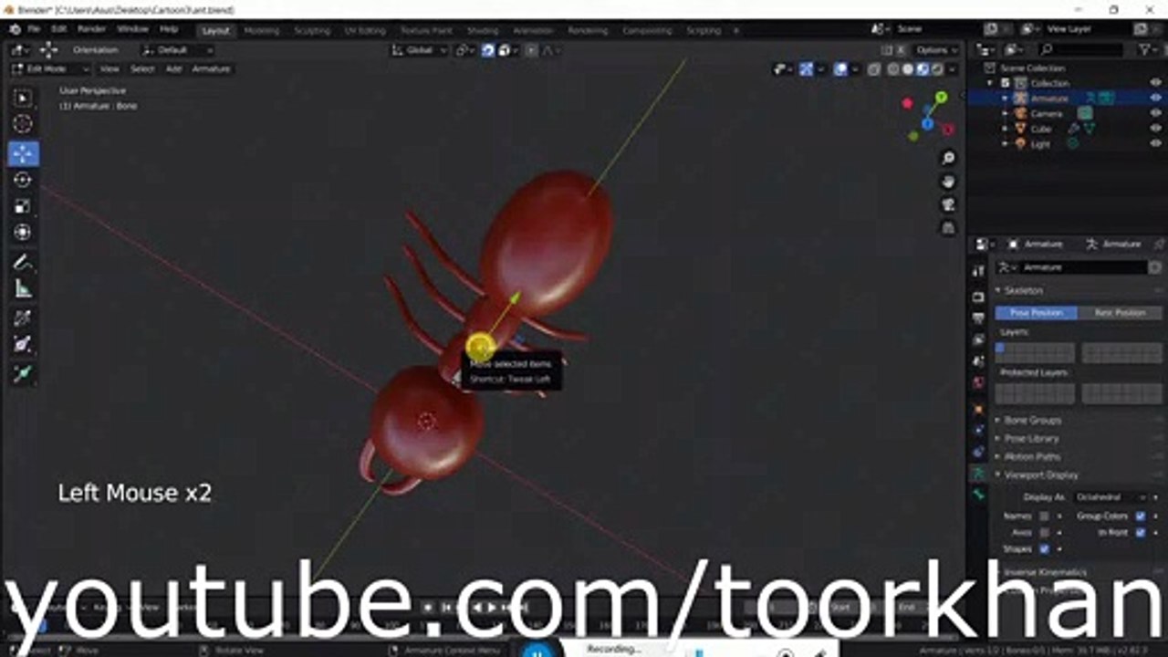 blender tutorial- rigging an ant, ant rigging in eevee, by toorkhan
