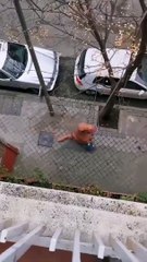 Koronavirüsten korunmak için çöp atmaya dinazor kostümüyle gitti