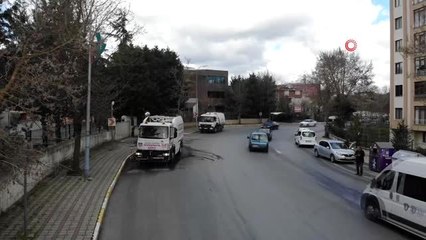 Cadde ve sokakların dezenfekte çalışması havadan görüntülendi