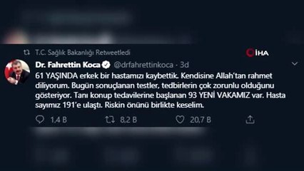 Sağlık Bakanı Dr. Fahrettin Koca: "61 yaşında erkek bir hastamızı kaybettik. Kendisine Allah'tan...