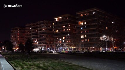 'We stay home!' National slogan of Greece against coronavirus outbreak spread light in darkness