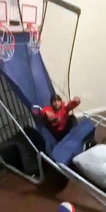 Guy Slam Dunks Two Balls on Separate Hoops and Ends up Break