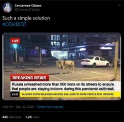 No! Putin has not ordered lions on the Russian streets to keep people in