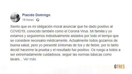 Plácido Domingo confirma su positivo por coronavirus