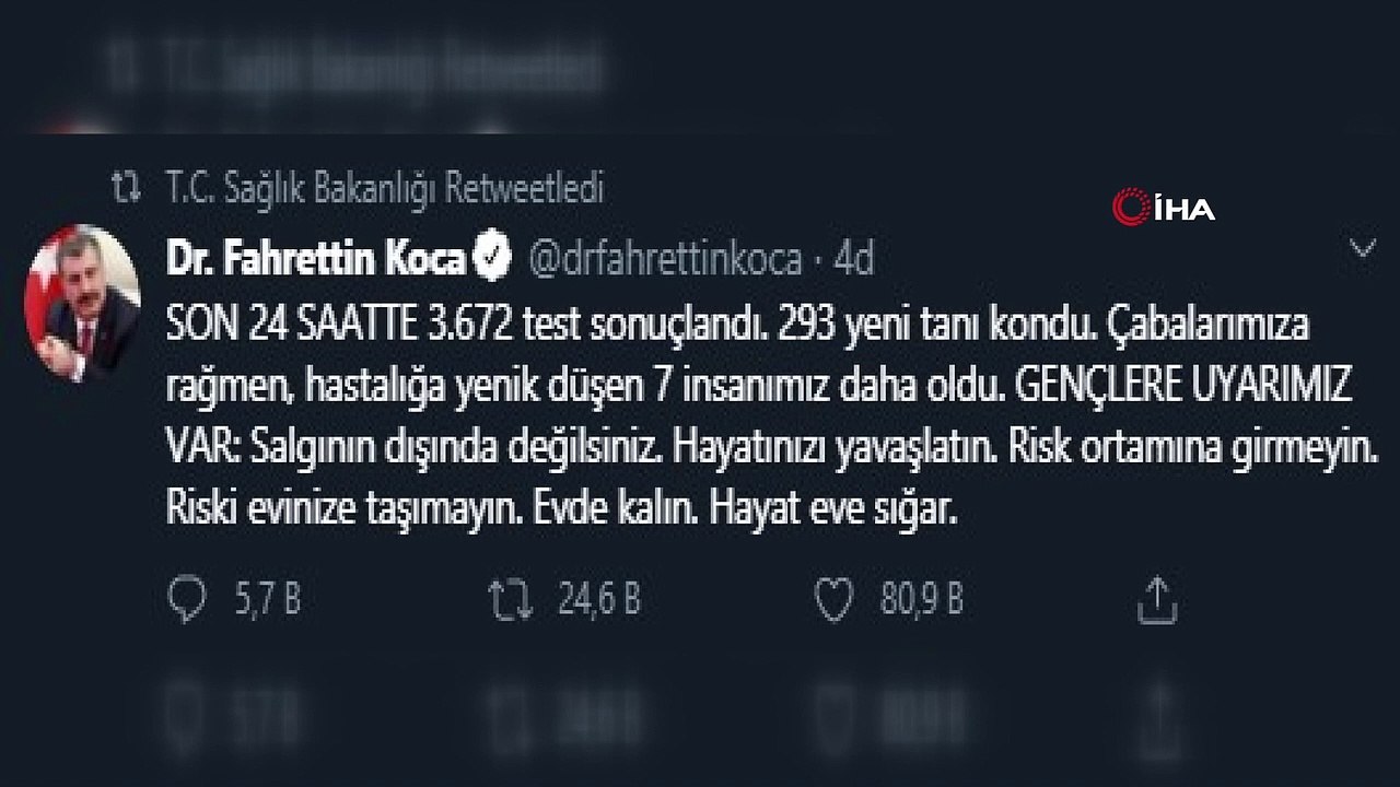 Sağlık Bakanı Koca: '293 yeni tanı kondu. Çabalarımıza rağmen, hastalığa yenik düşen 7 insanımız daha oldu.'