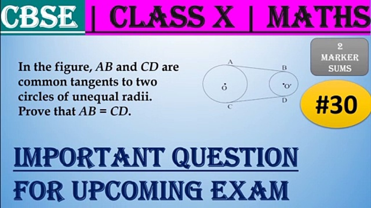 #30 CBSE | 2 Marks | In the figure, AB and CD are common tangents to two circles of unequal radii. Prove that AB = CD. | Class X | IMP Question