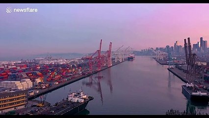 Amazing aerial view of sunrise over Seattle in lockdown