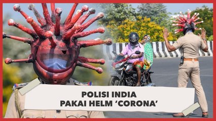 Polisi India Pakai Helm 'Corona' Agar Warga Tetap di Rumah