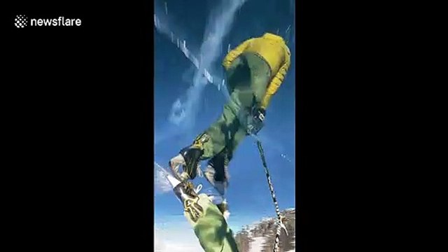 Impressive reflection of ice hockey player gliding across frozen Swiss lake