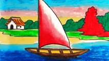 Easy Scenery of boat,how to draw a boat,sailing boat drawing,Landscape for kids,
