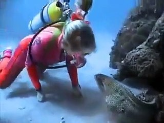 Une plongeuse et une murène énorme sont amies