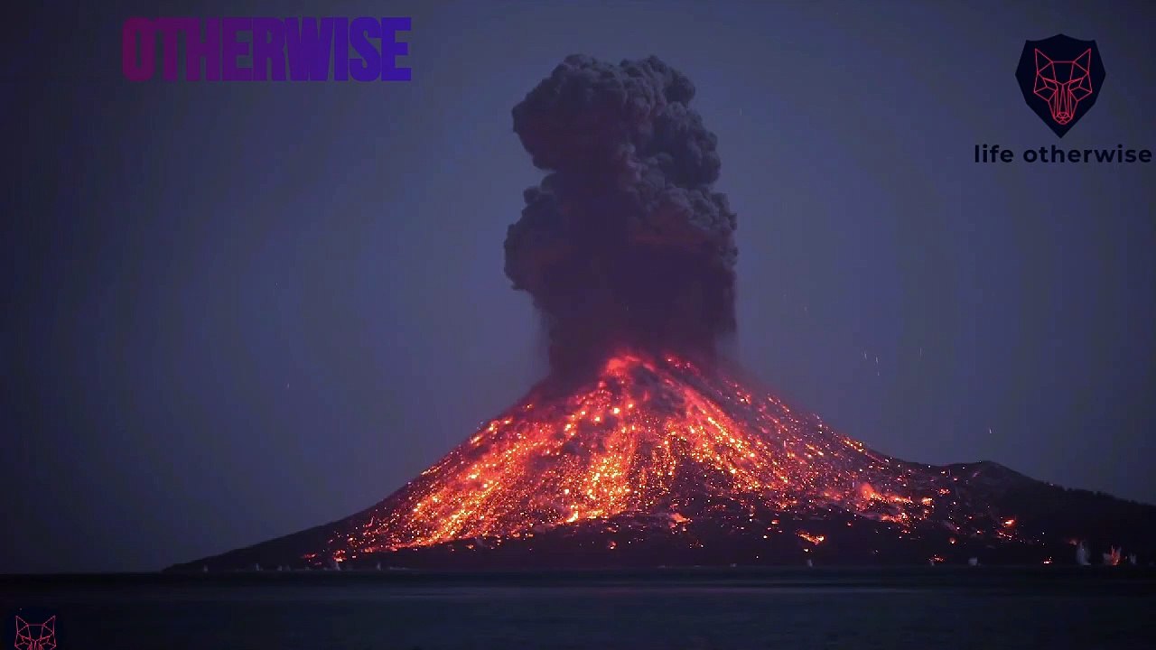 Eruption of the Krakatoa volcano at night magnificent to watch