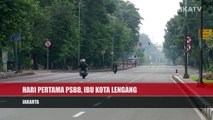 Suasana jalan protokol di Jakarta lengang saat hari pertama pemberlakuan PSBB.
