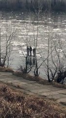People Floating on Ice in a River