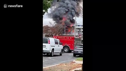 Fire crews arrive to battle huge blaze after Burbank electrical plant explosion in Los Angeles