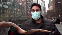 The Shofar Guy blows his horn for #ClapBecauseWeCare campaign in New York