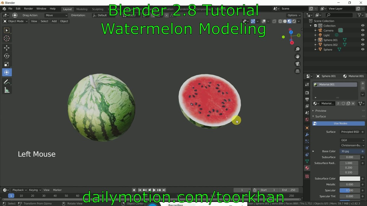 Dailymotion, Blender 2.8 Tutorial, Watermelon Modeling, Eevee Tutorial Watermelon, Modeling, Beginner, Toorkhan