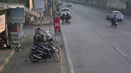 Thai motorcyclist has two collisions after riding wrong way on busy road