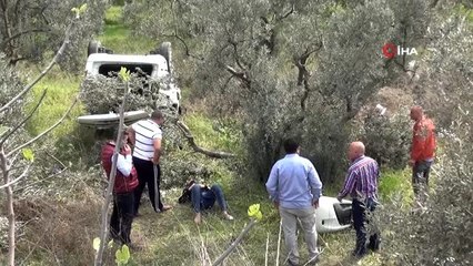 Kontrolden çıkan araç bariyerlere çarpıp zeytinliğe uçtu