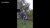 California juggler performs 'behind the neck' tricks while balancing on slackline during coronavirus lockdown