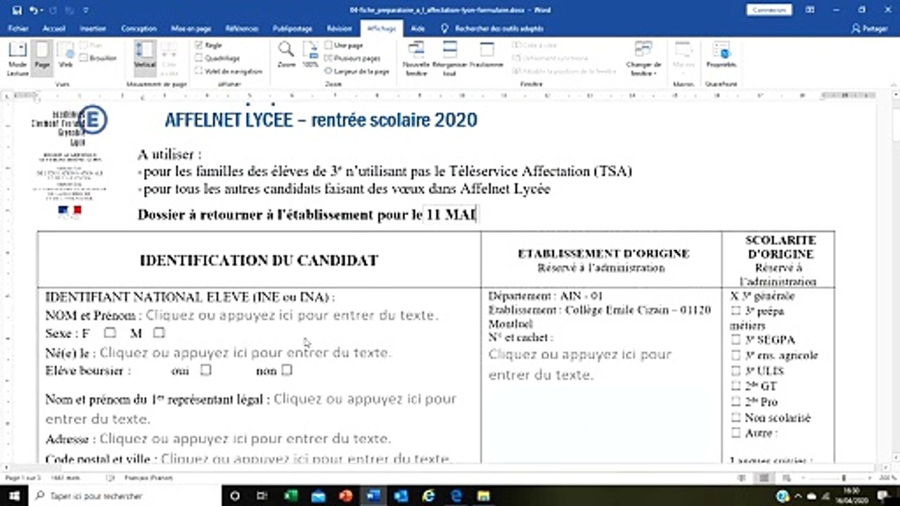remplir fiche affelnet définitive