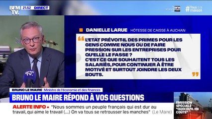 Bruno Le Maire annonce "une prime totalement défiscalisée" des entreprises pour leurs salariés "pouvant aller jusqu'à 2000 euros"