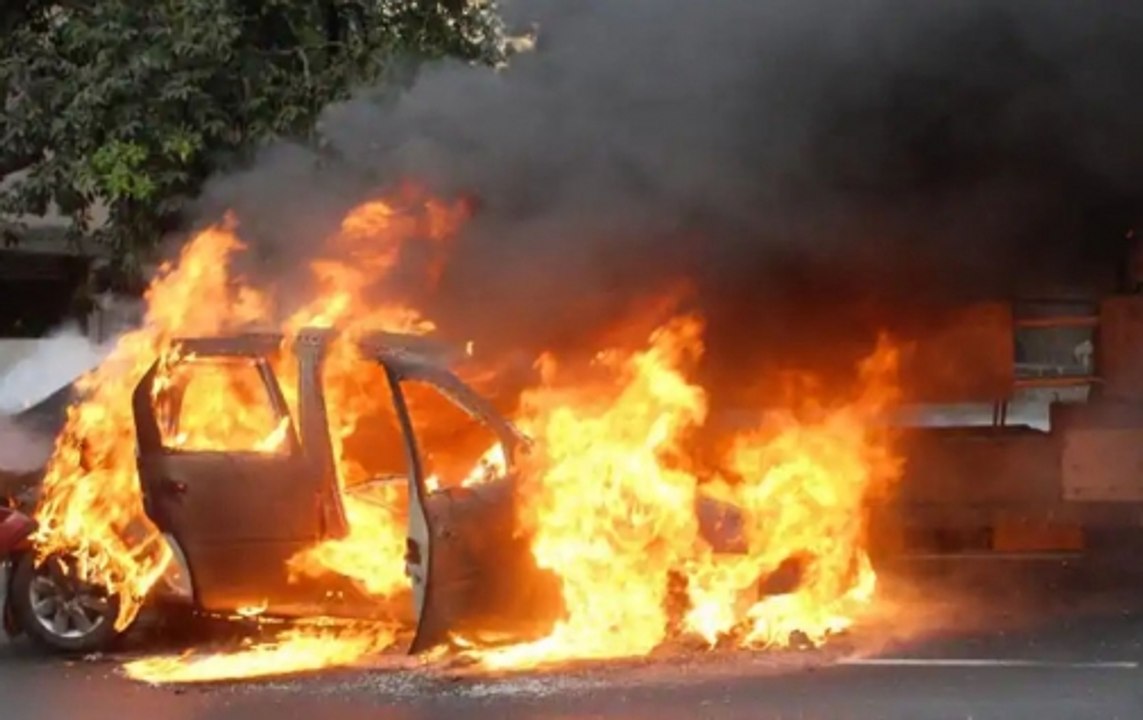 Horrific visuals of burning car in Pilibhit, no one injured