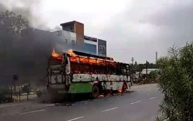 Bus catches fire after colliding with bike in Kanpur, woman dies