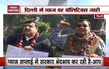 AAP MPs Stage Protest At Parliament Wearing Onion Garlands