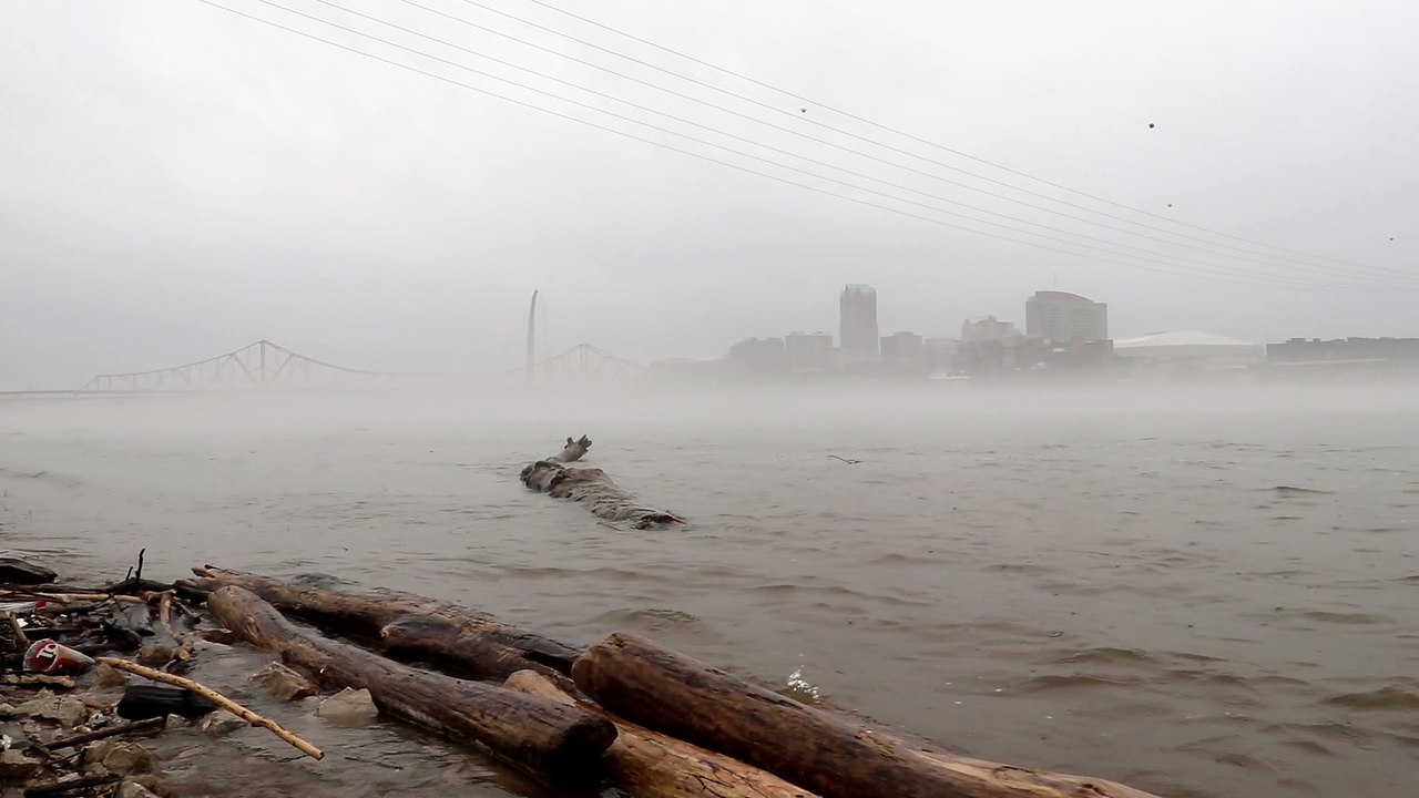 The Mississippi River on a foggy morning in East St. Louis, IL