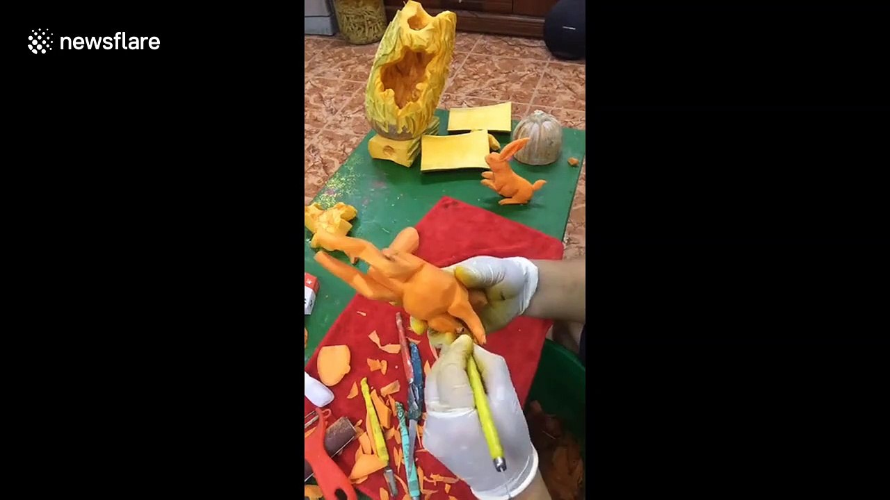 Vietnamese sculptor crafts carrots and pumpkins into detailed rabbits