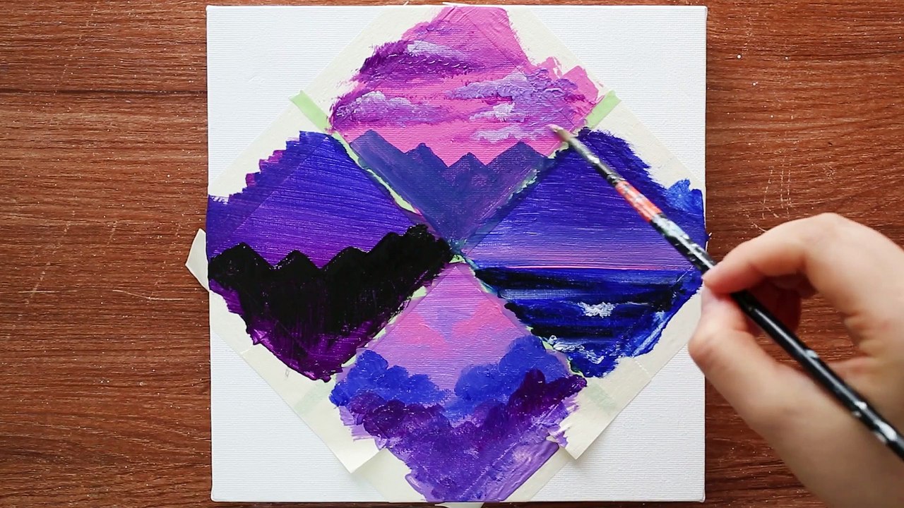 4 type Diamond Purple Landscape Acrylic Painting on Mini Canvas Step by Step #7｜Satisfying Demo