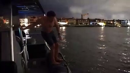 Impressionnant : après avoir sauté dans la mer, une lueur bleue émerge dans l’eau.